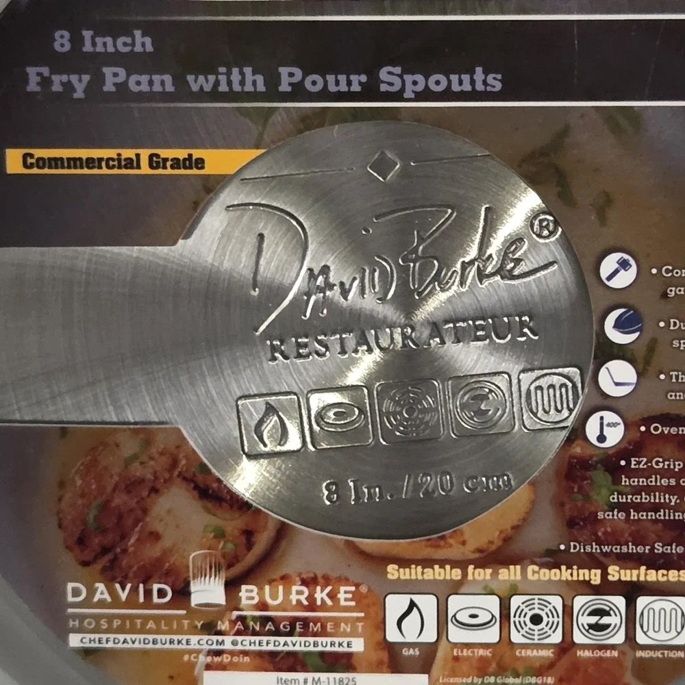 David Burke 8in Heavy Stainless Steel Frying Pan Pour Spouts Induction Cookware